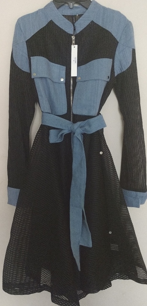 Mesh jean flare dress with belt. - Picture 6 of 8